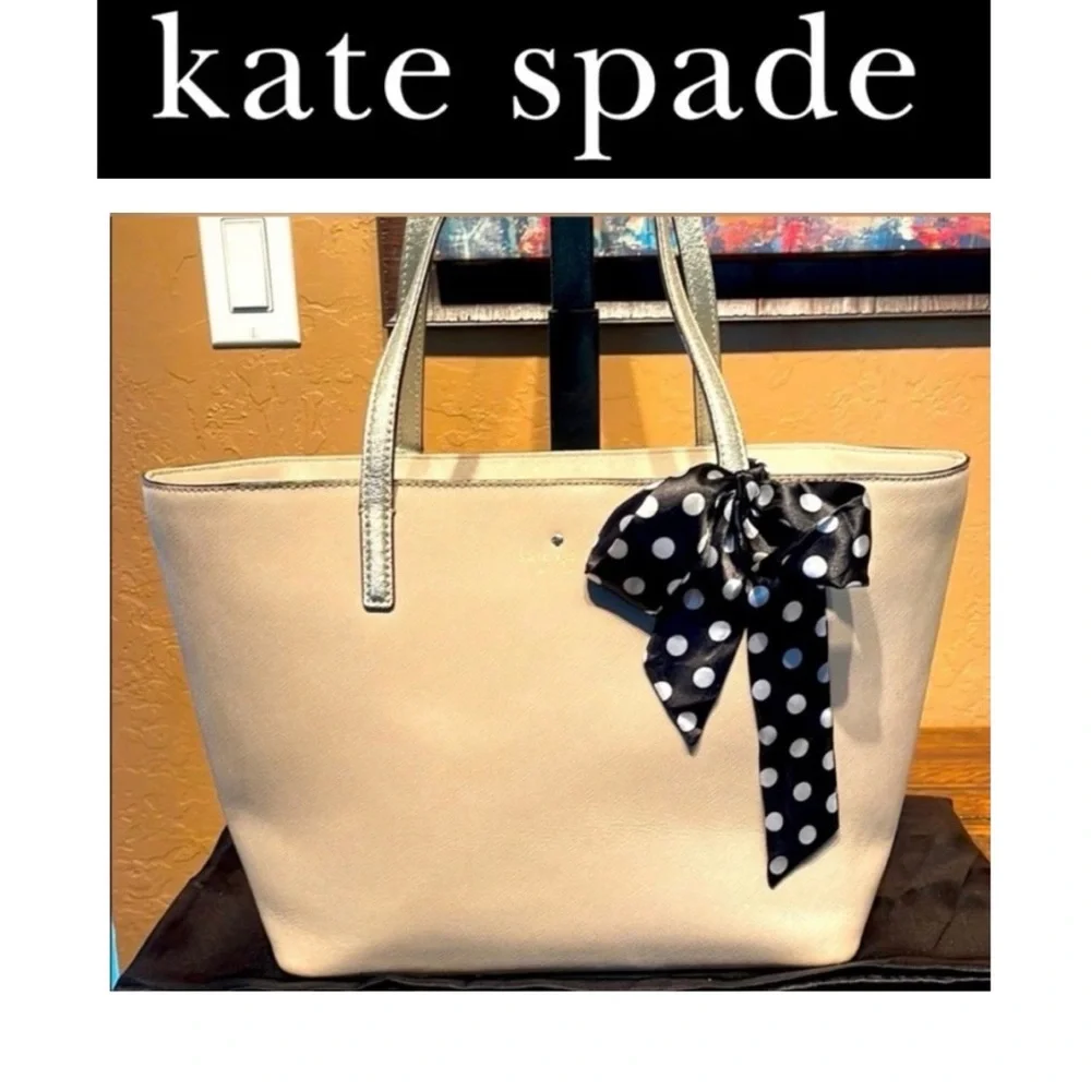 KATE SPADE Cream Saffiano & Metallic Silver Leather Tote w/Twilly & Dust Bag,EUC